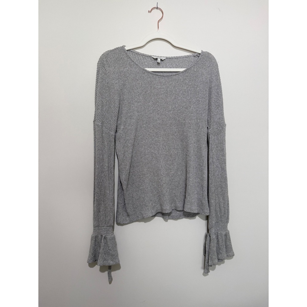 Lucky Brand Gray Ribbed Bell Sleeve Tie Wrist Top Medium